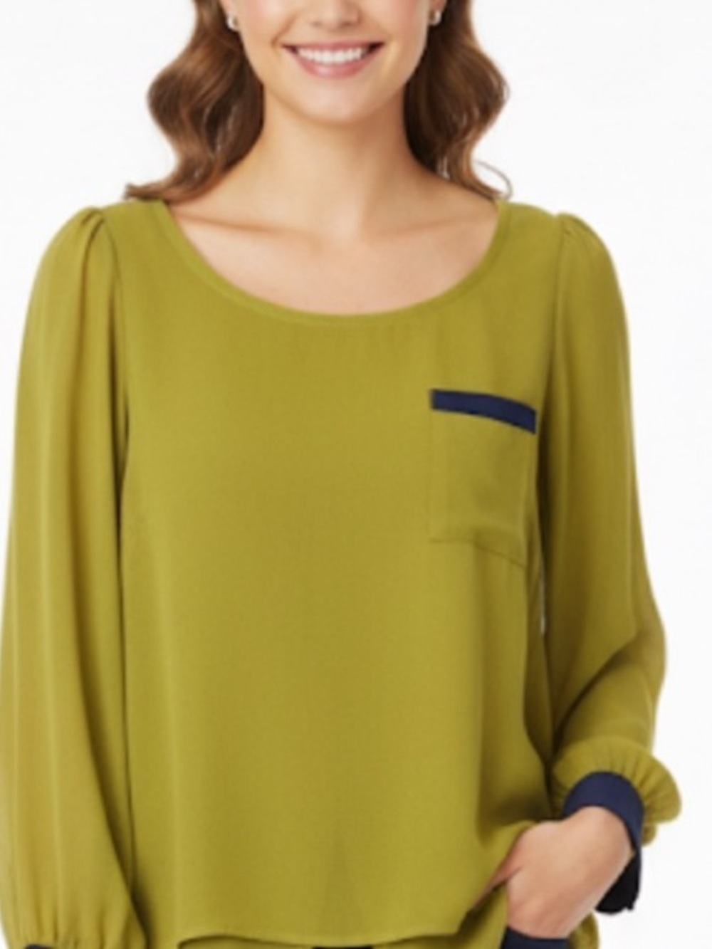 Mind Code Chic Olive Green Blouse with Navy Accents